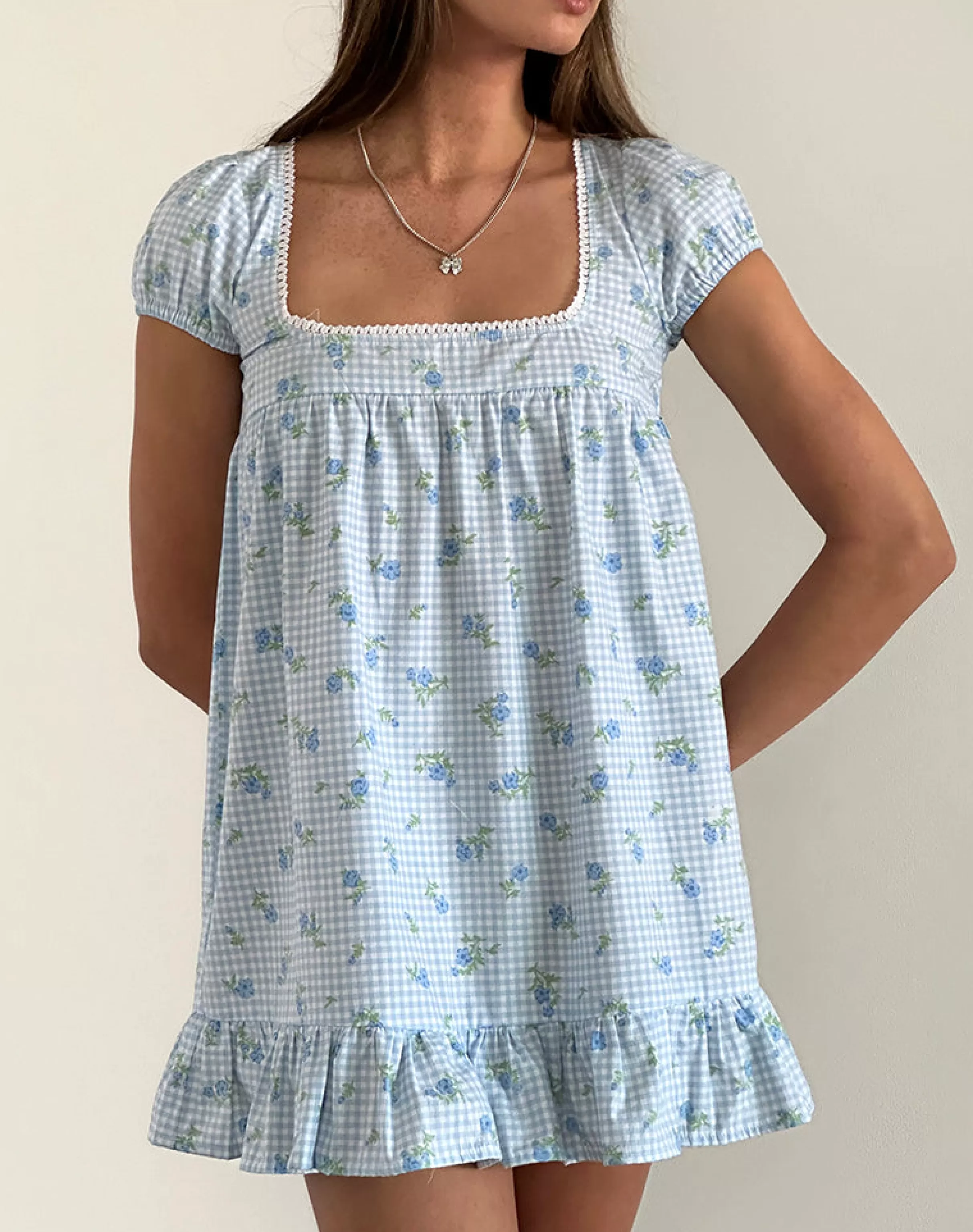 Fashion Trim Mini Dress In Blue Flower Gingham STRAWBERRY GIRL | DAY DRESSES