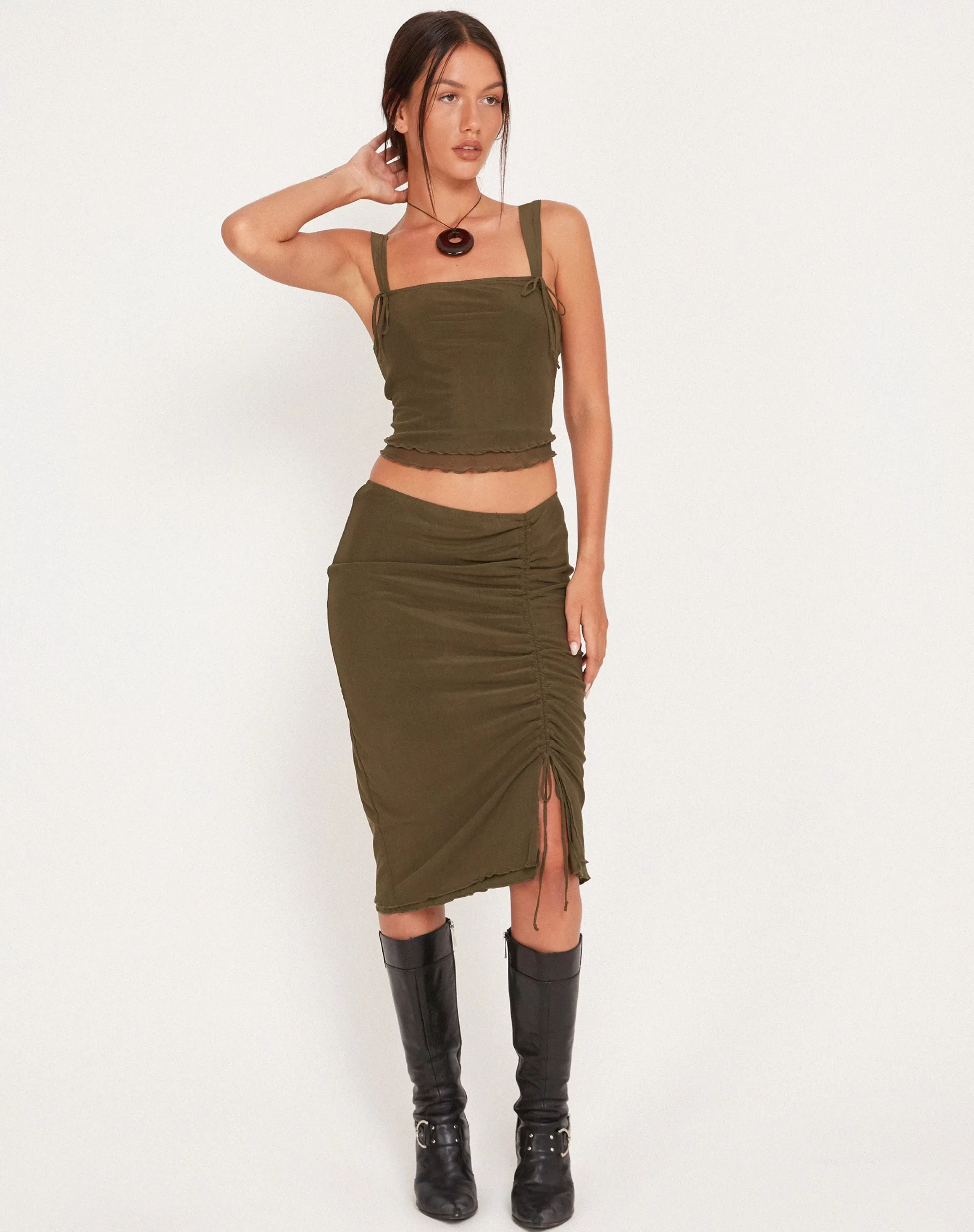 Outlet Tya Midi Skirt In Mesh Dark Olive SALE SKIRTS | BODYCON SKIRTS