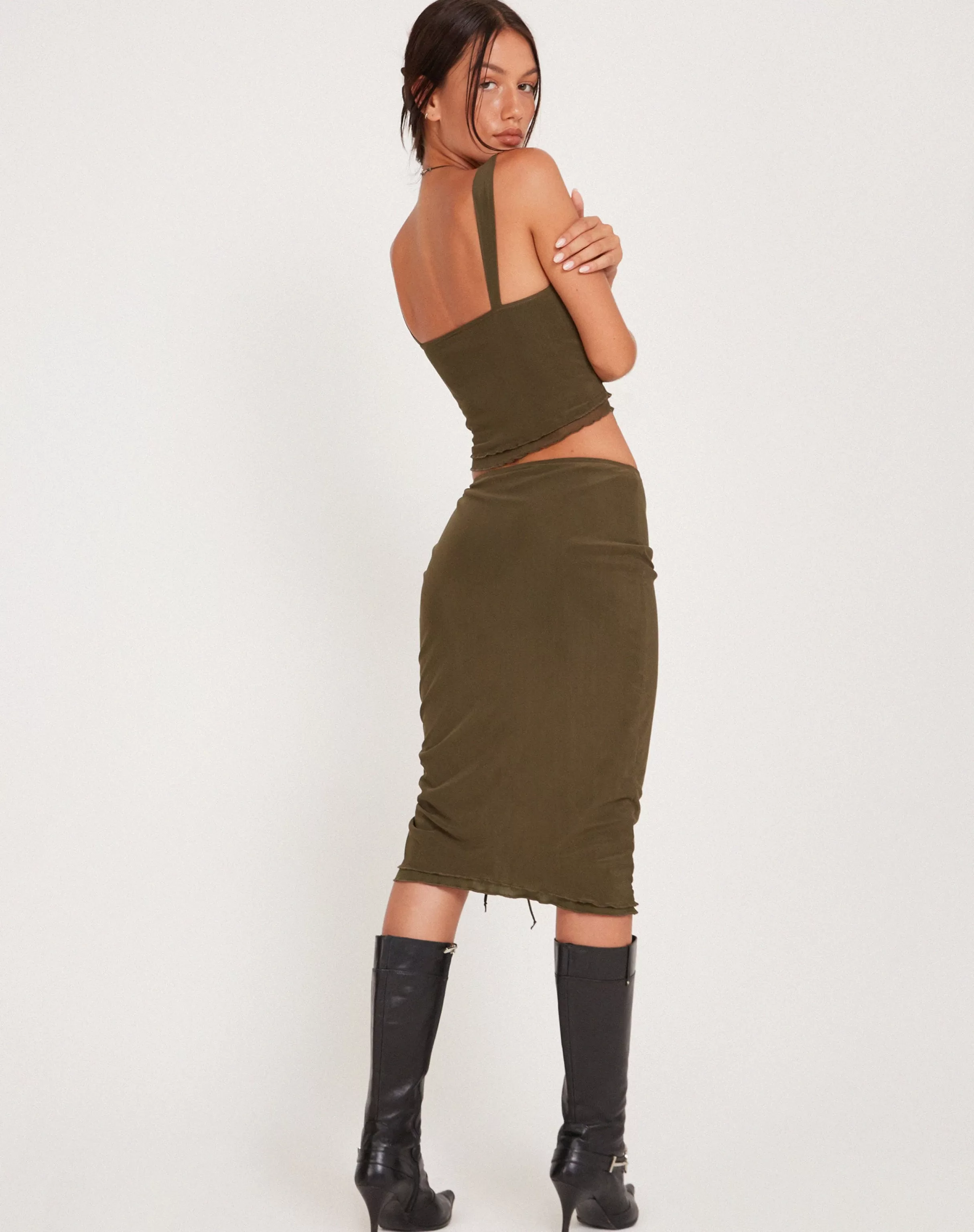 Outlet Tya Midi Skirt In Mesh Dark Olive SALE SKIRTS | BODYCON SKIRTS