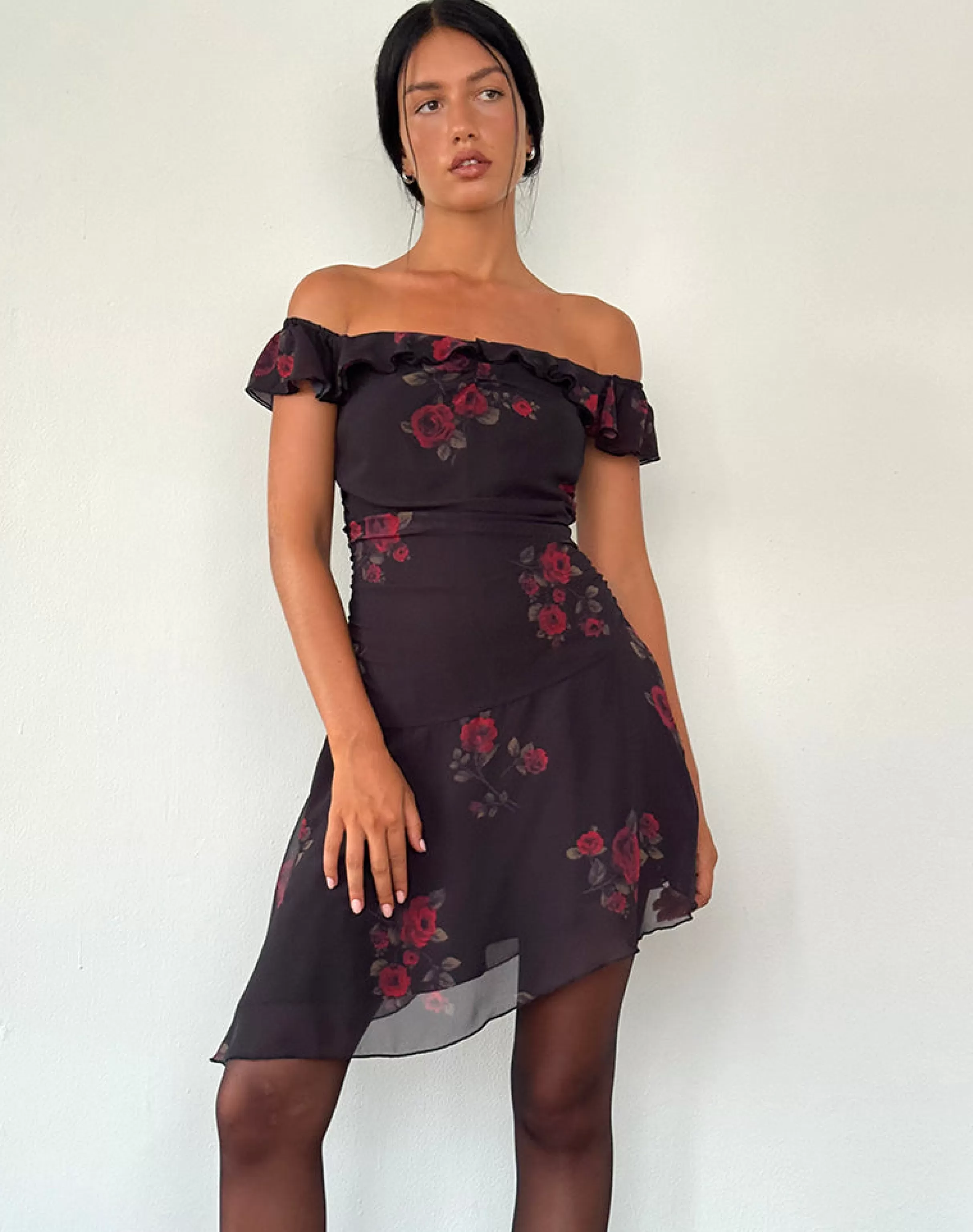 Cheap Ursula Bardot Mini Dress In Black Vintage Rose PRINTED DRESSES | MINI DRESSES