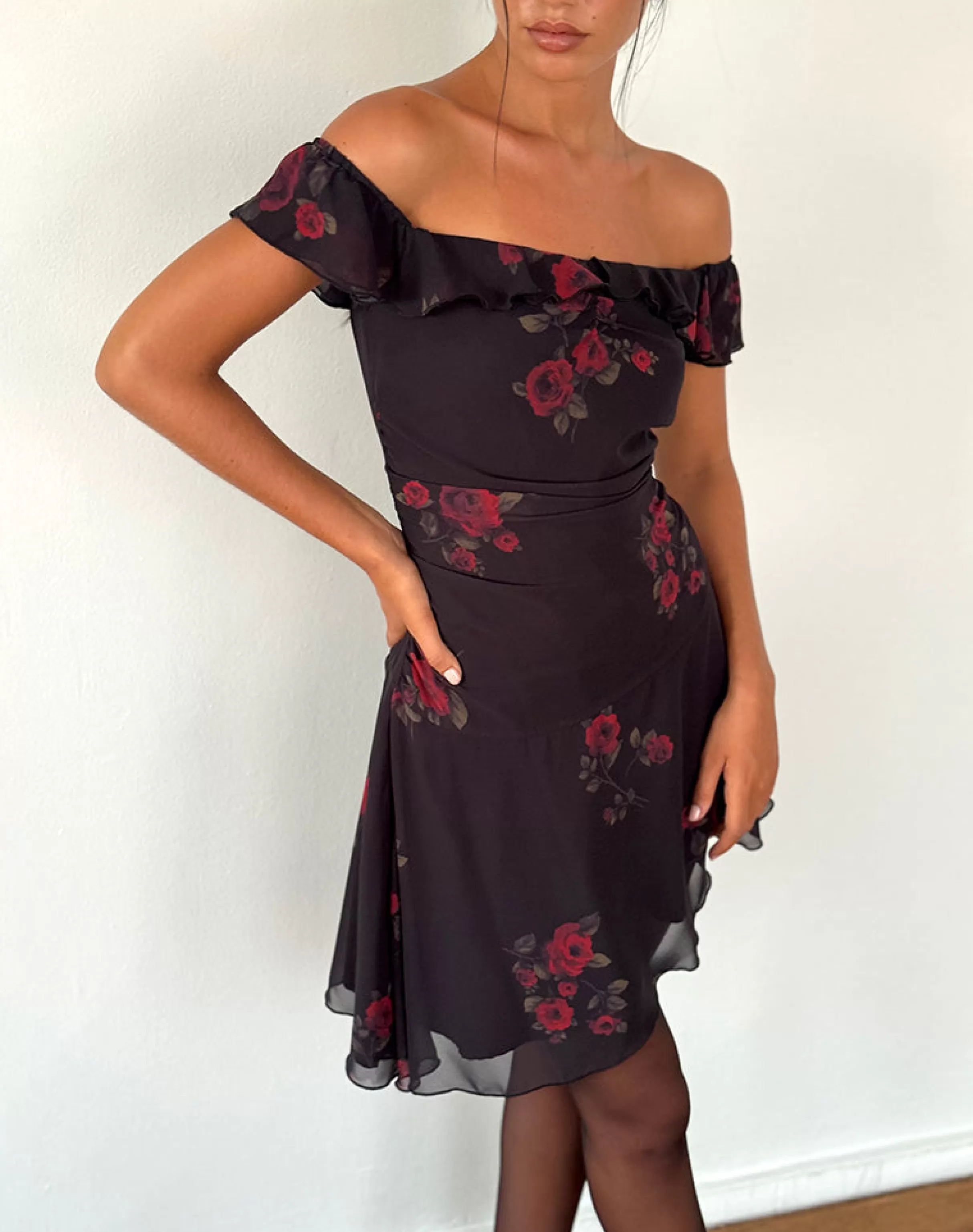 Cheap Ursula Bardot Mini Dress In Black Vintage Rose PRINTED DRESSES | MINI DRESSES