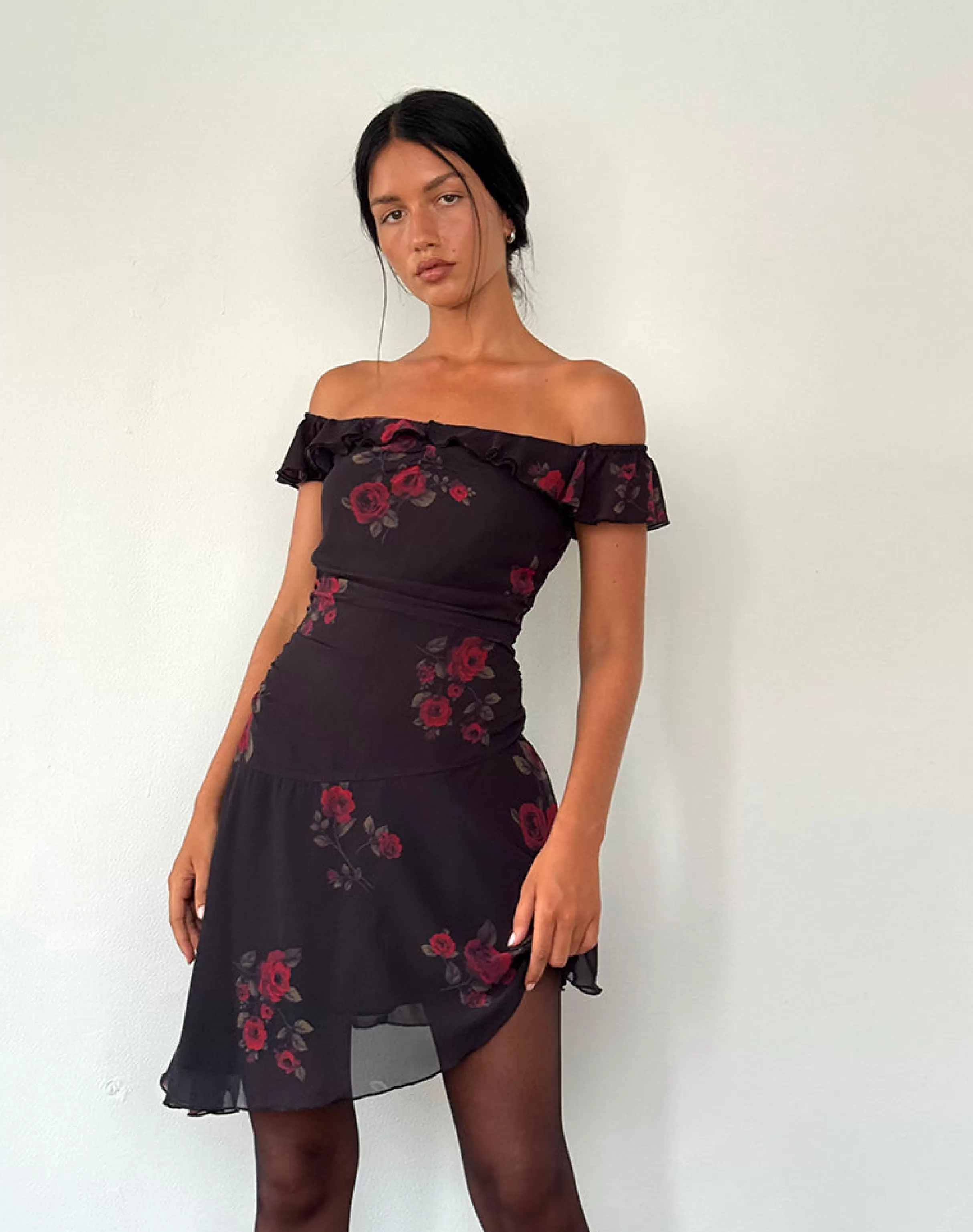 Cheap Ursula Bardot Mini Dress In Black Vintage Rose PRINTED DRESSES | MINI DRESSES