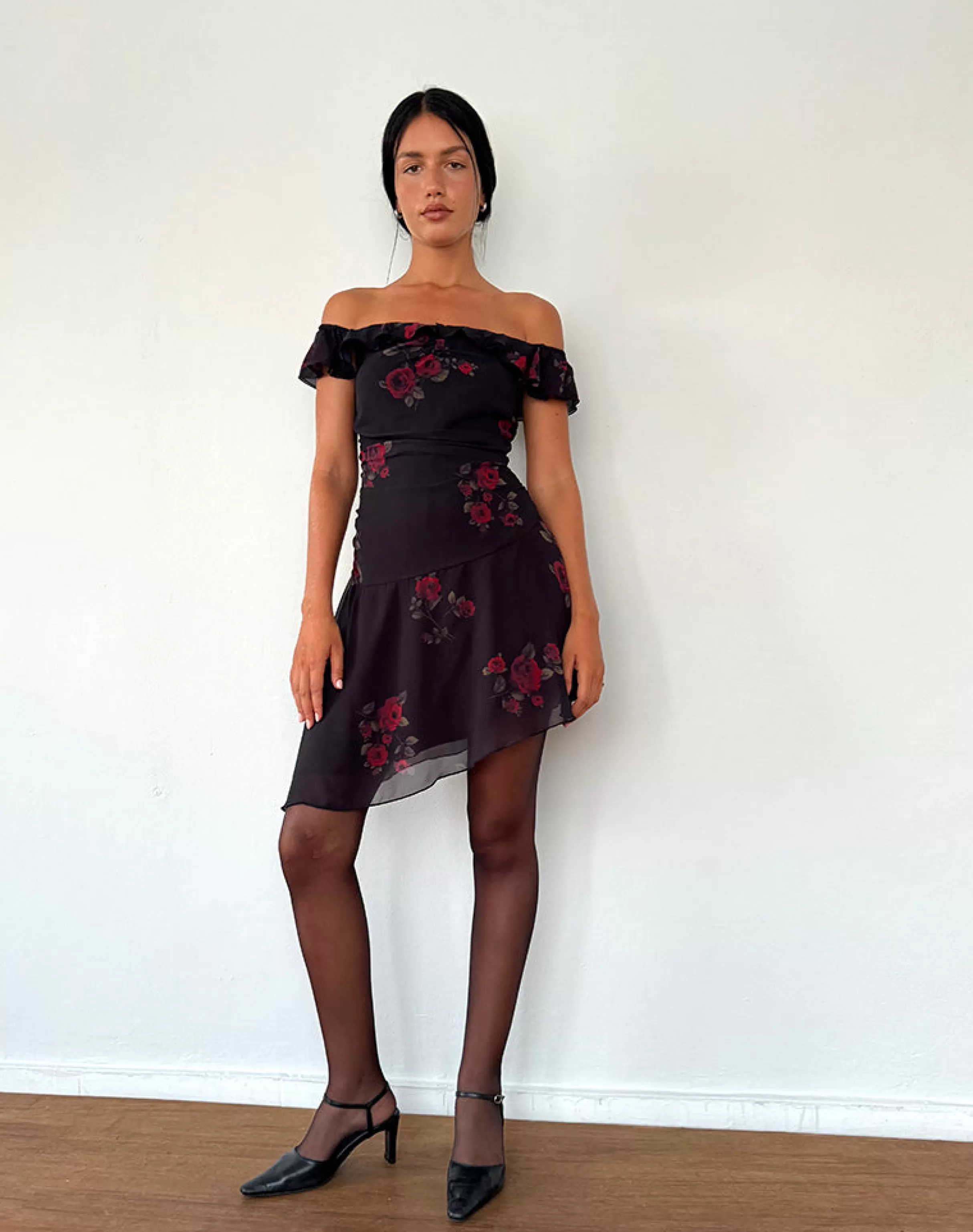 Cheap Ursula Bardot Mini Dress In Black Vintage Rose PRINTED DRESSES | MINI DRESSES