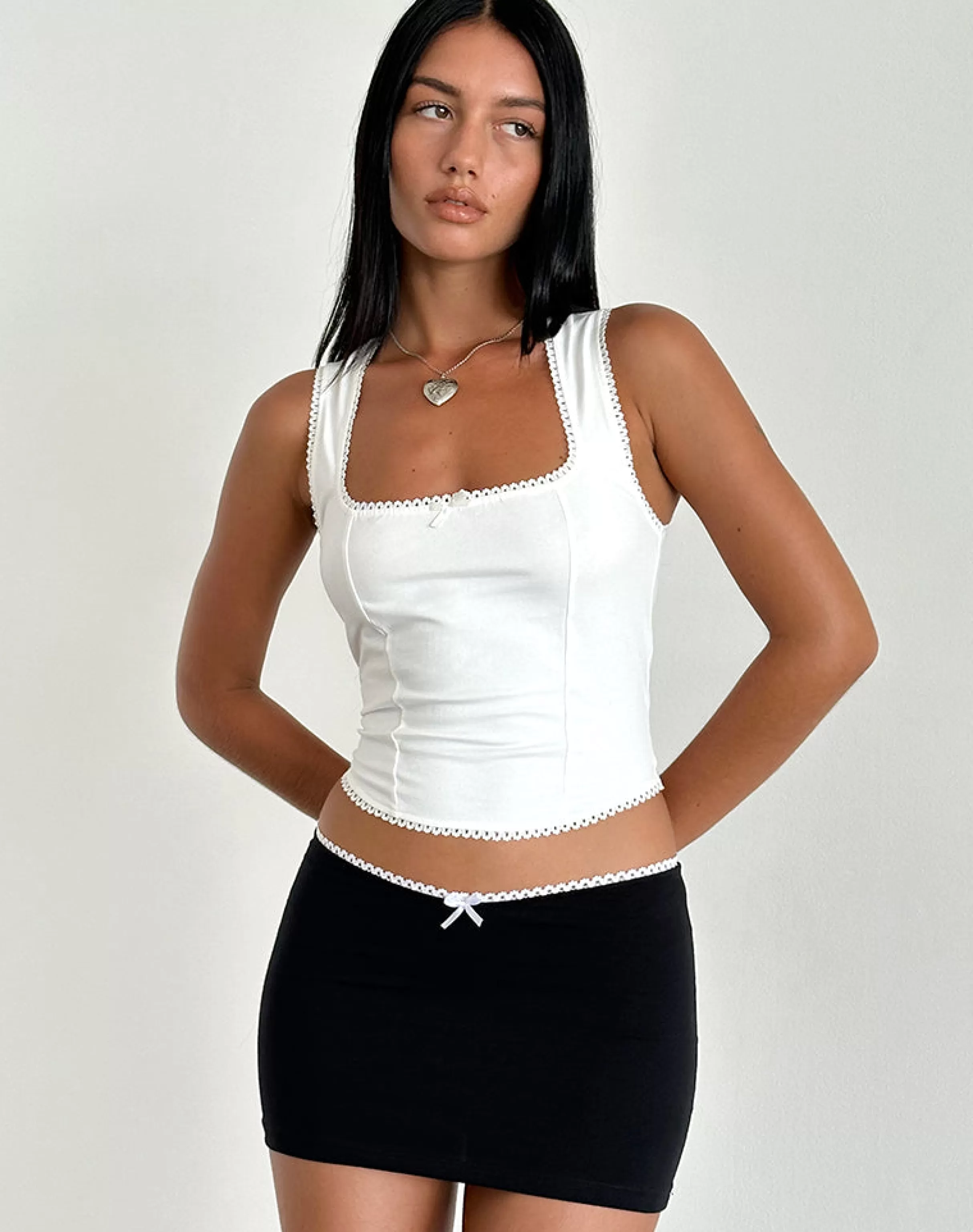 Clearance Vadia Mini Skirt In Black With White Picot Trim And Bow MINI SKIRTS | BODYCON SKIRTS