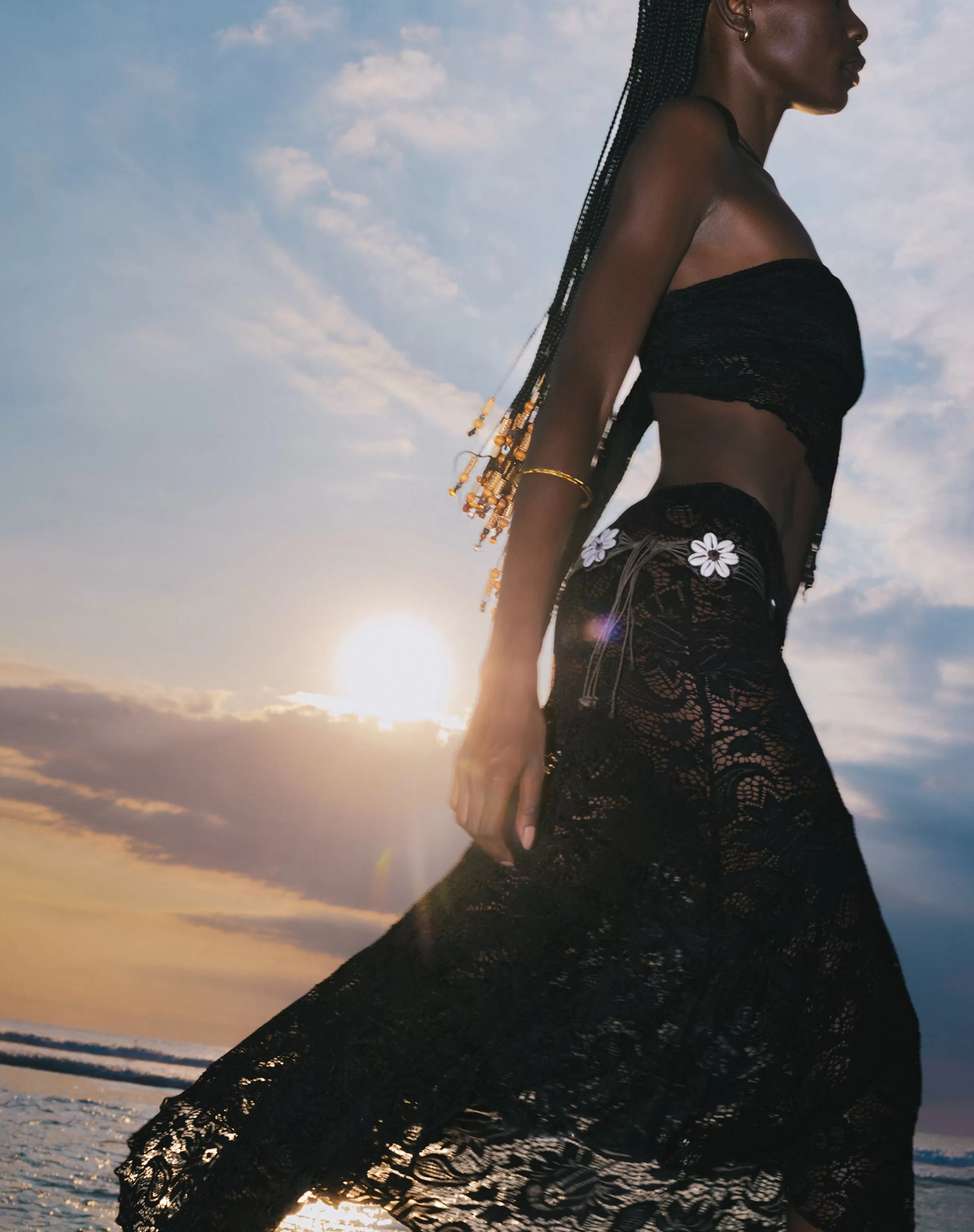 New Vana Waterfall Hem Lace Midi Skirt In Jet Black SALE SKIRTS | MIDI SKIRTS