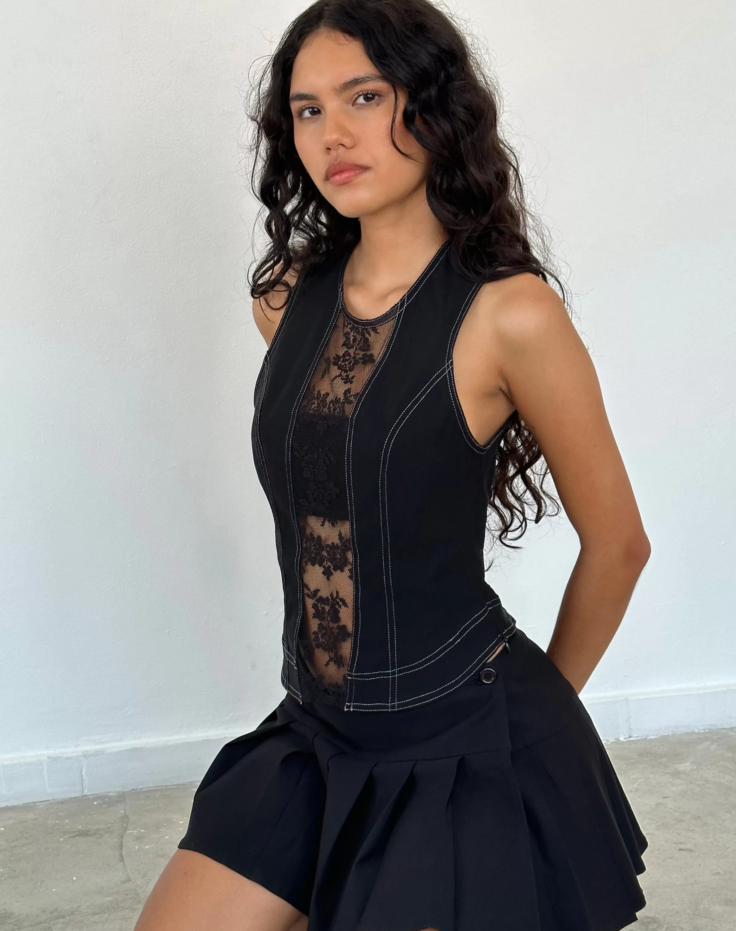 Hot Verbena Lace Panel Top In Black Tailoring VEST TOPS | LACE TOPS
