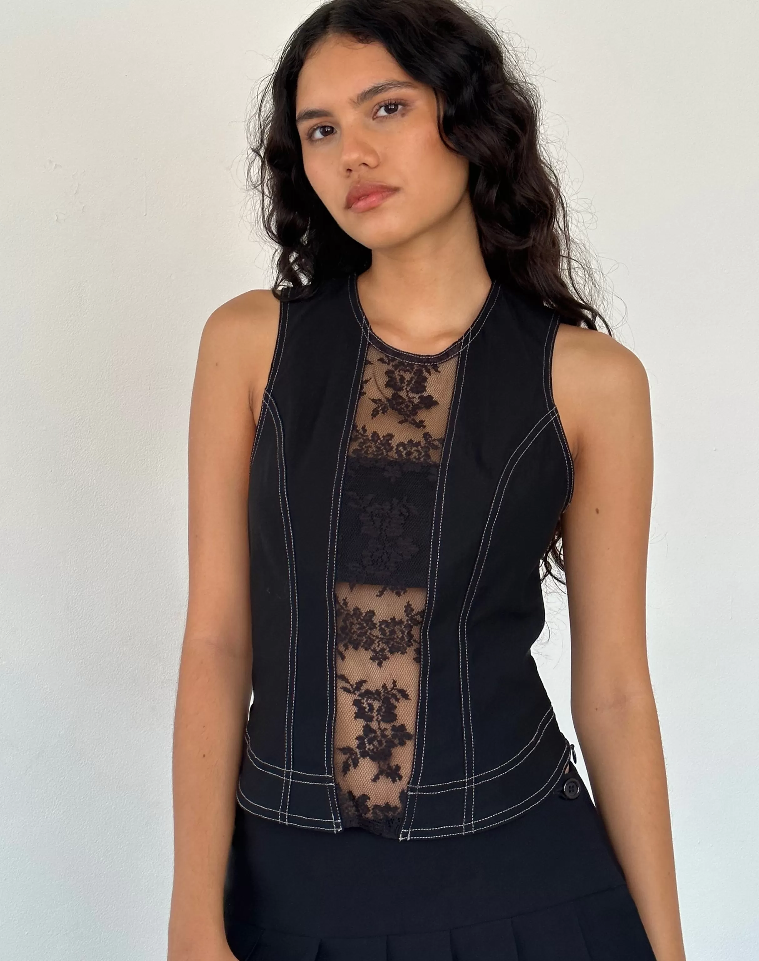 Hot Verbena Lace Panel Top In Black Tailoring VEST TOPS | LACE TOPS