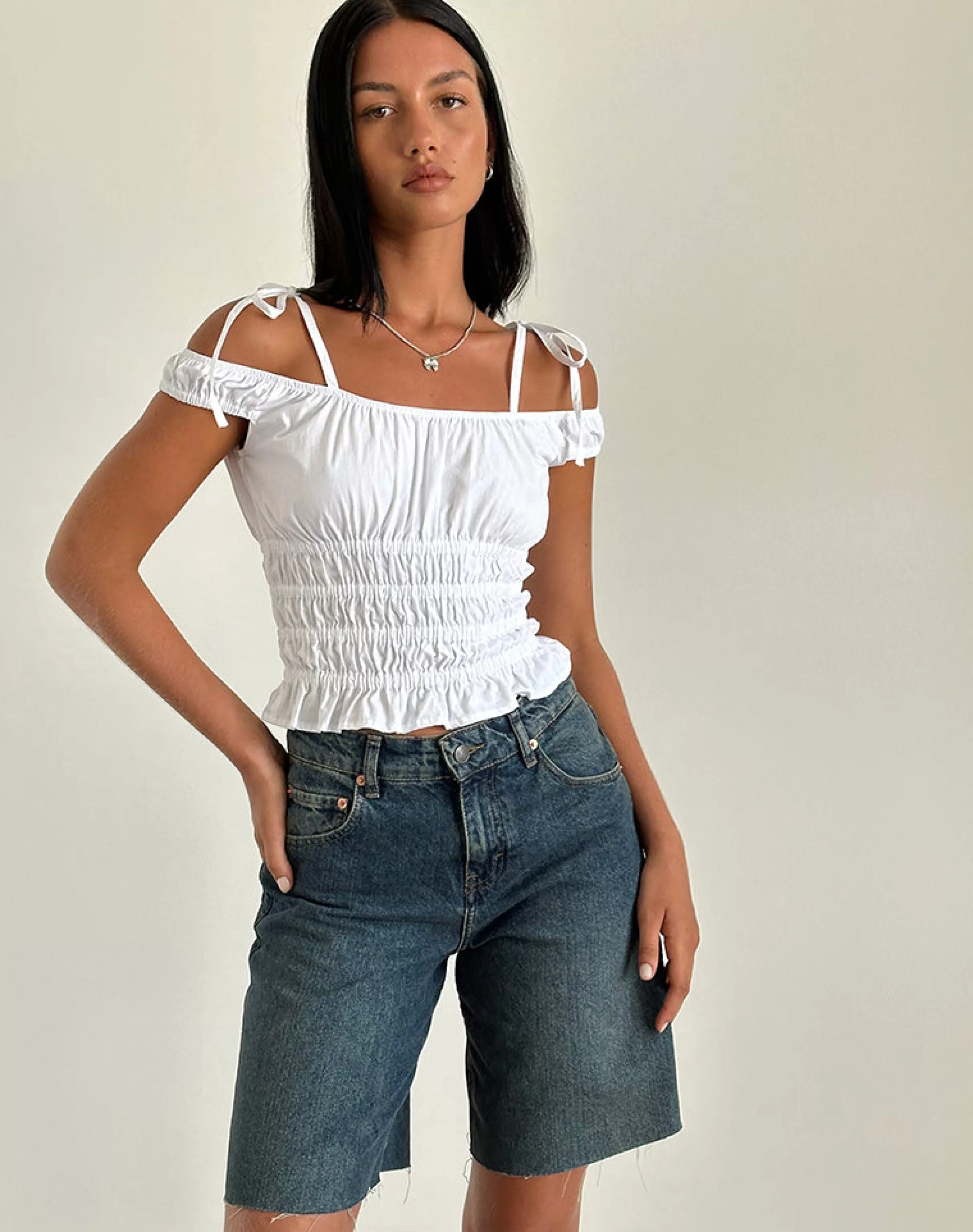 Fashion Xavan Bardot Tie Shoulder Top In White CORSET TOPS