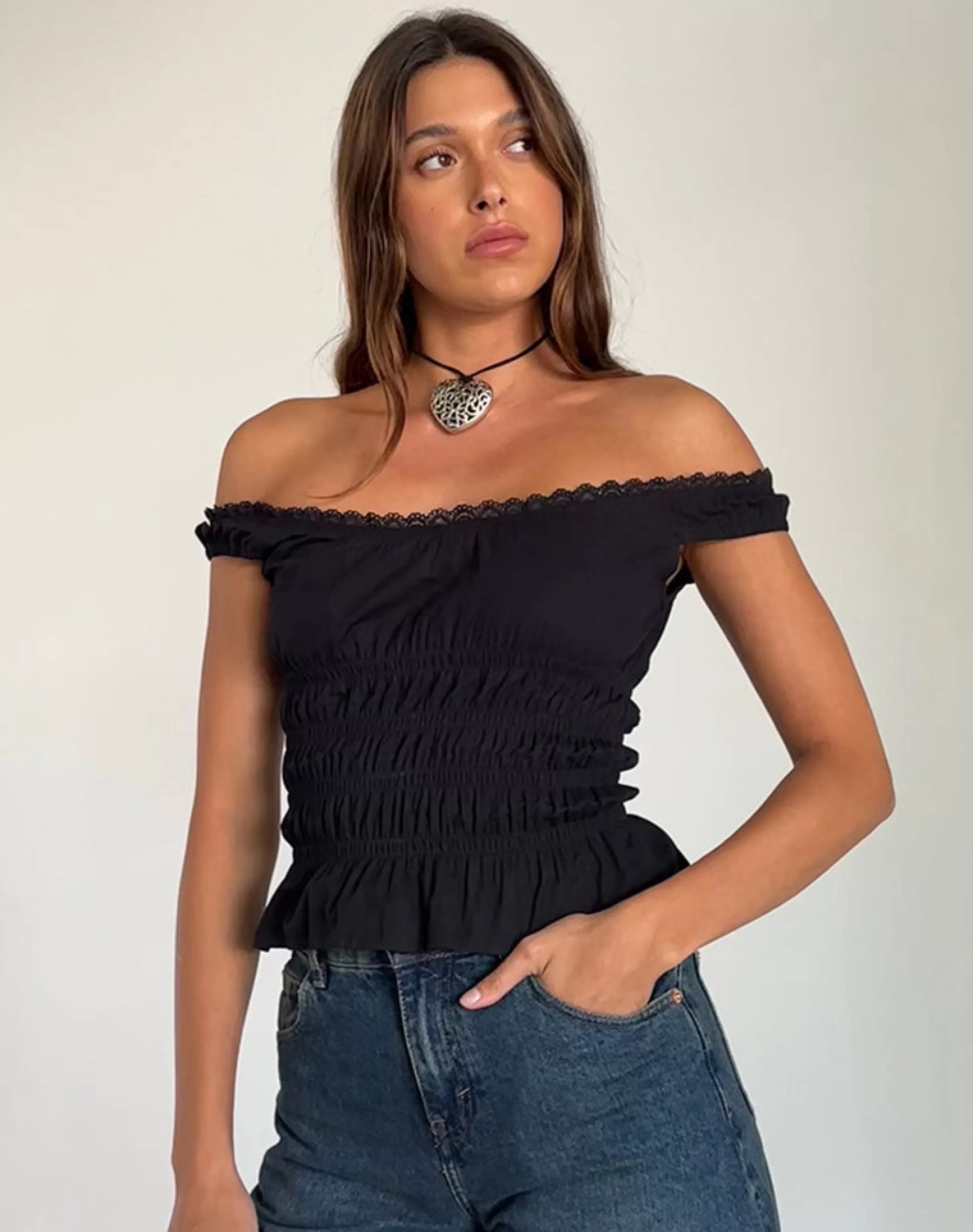 Clearance Xavinia Shirred Bardot Top In Black Poplin NEVERMORE | GOING OUT TOPS
