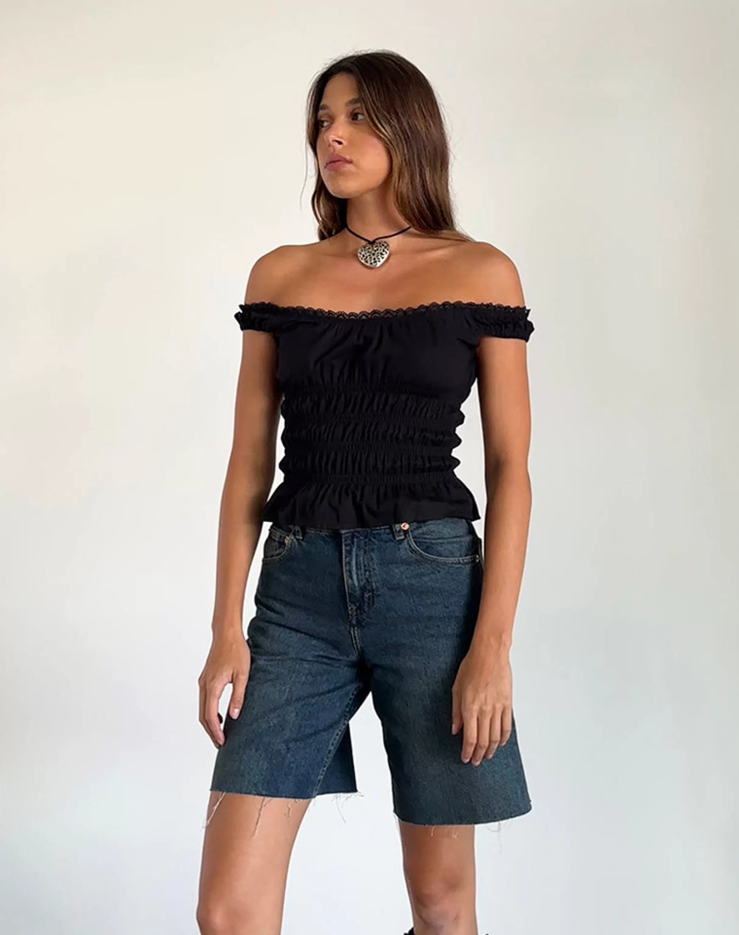 Clearance Xavinia Shirred Bardot Top In Black Poplin NEVERMORE | GOING OUT TOPS