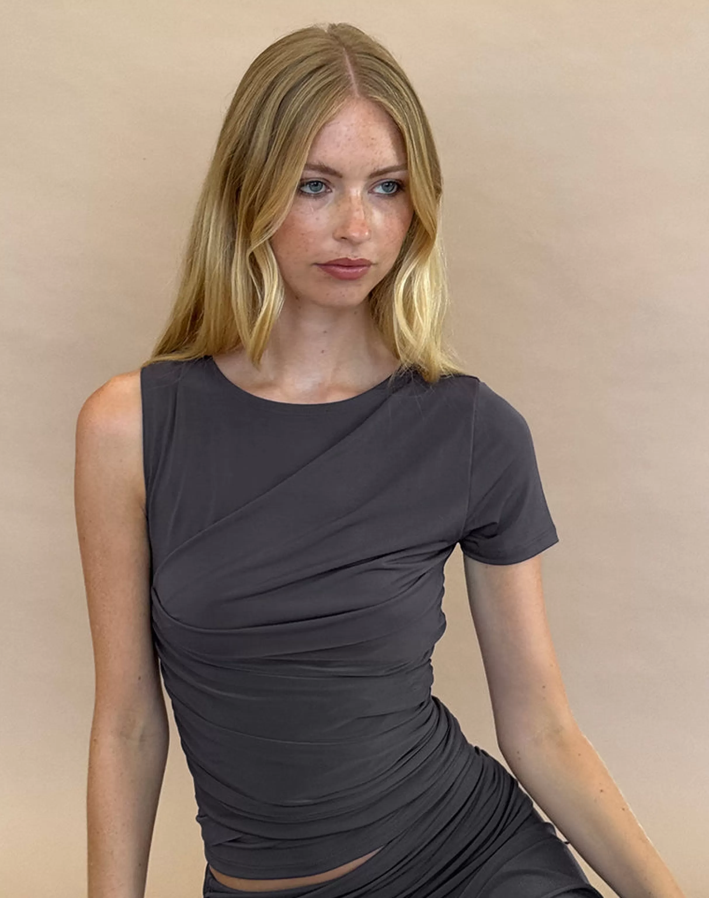 Cheap Zera Asymmetric Ruched Top In Grey CO-ORDS