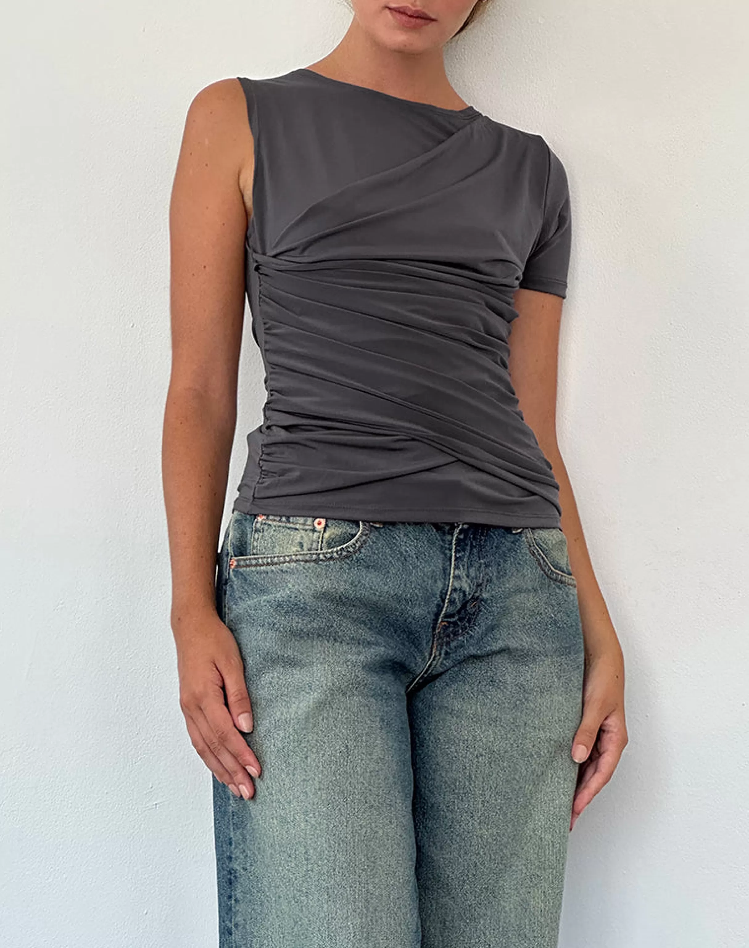 Cheap Zera Asymmetric Ruched Top In Grey CO-ORDS