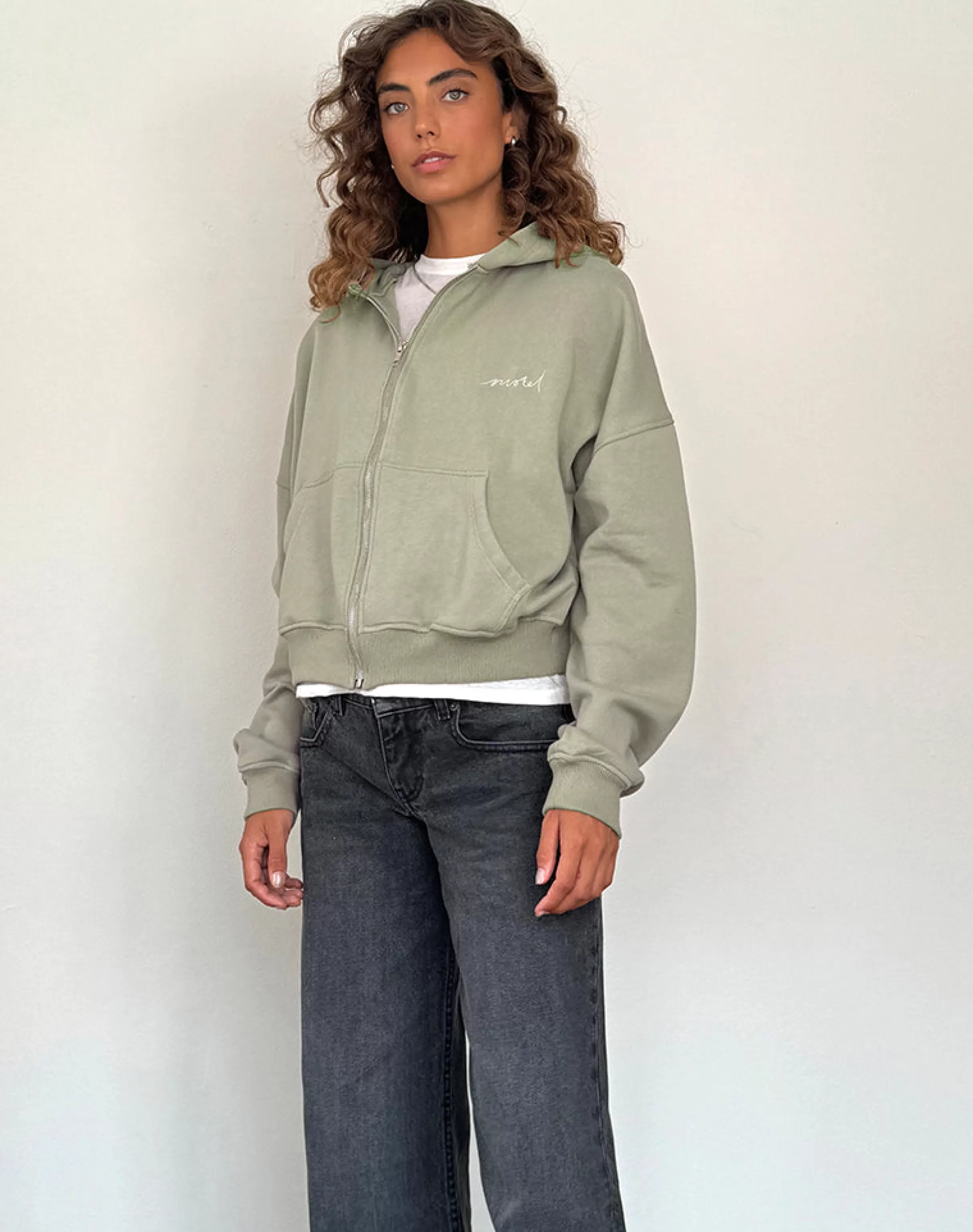 Clearance Zip Up Jumper In London Fog With 'MOTEL' Ivory Embroidery LOUNGEWEAR | CO-ORDS