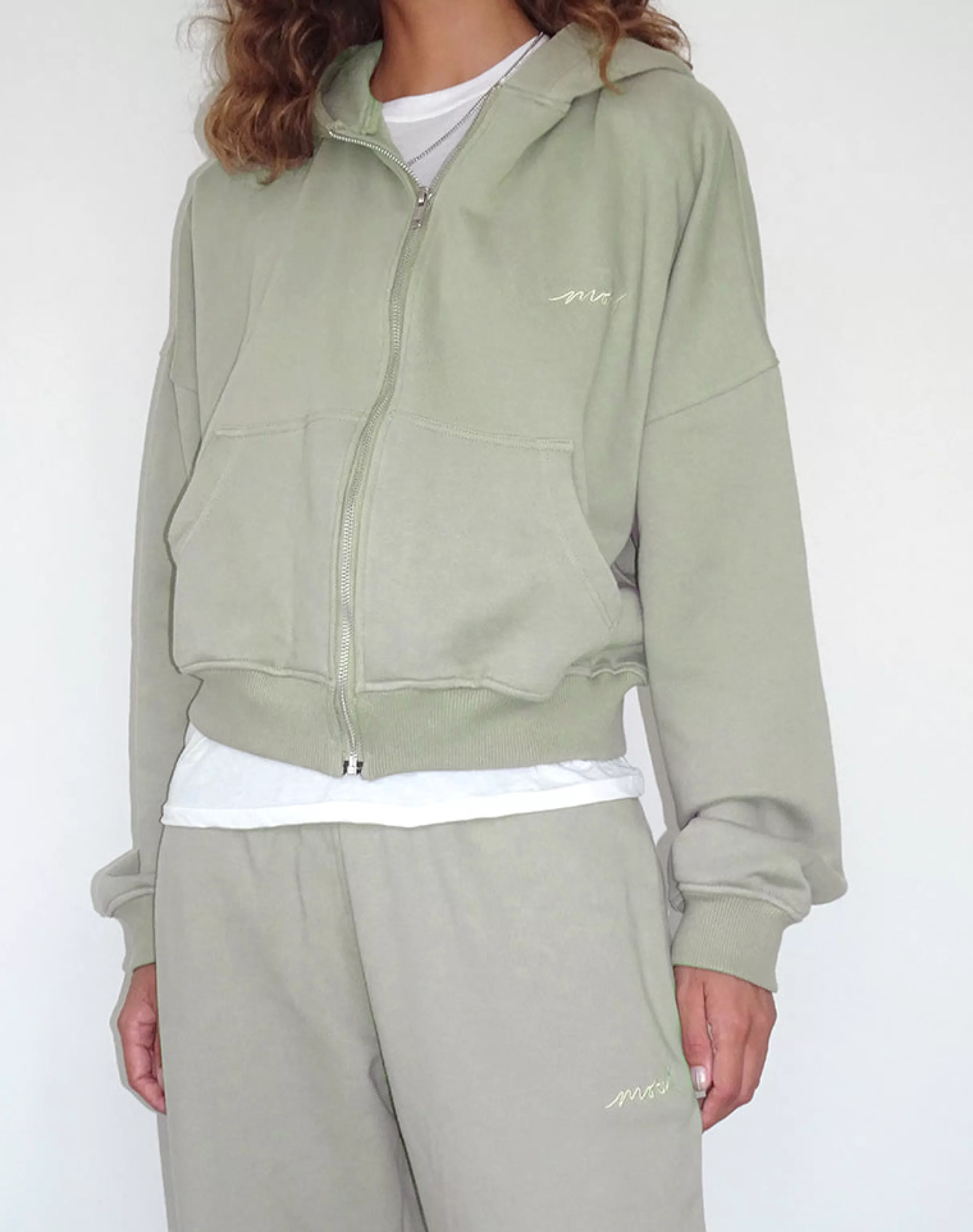 Clearance Zip Up Jumper In London Fog With 'MOTEL' Ivory Embroidery LOUNGEWEAR | CO-ORDS